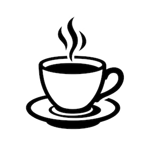 以下が含まれることがあります： 白黒のイラストで、ソーサーに乗ったコーヒーカップと、上から立ち上る湯気。カップには取っ手があり、おそらくコーヒーまたは紅茶である暗い液体で満たされています。デザインはシンプルでグラフィックです。