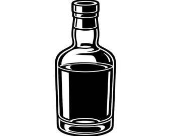 May include: A black and white illustration of a liquor bottle. The bottle has a rectangular body with rounded shoulders and a short neck. The cap is also black and white. The bottle is filled with a dark liquid.