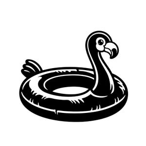 May include: Black and white inflatable flamingo pool float. The float has a circular body with a long neck and head, and a small tail. The flamingo's head is detailed with an eye and beak. Perfect for summer fun at the pool or beach.