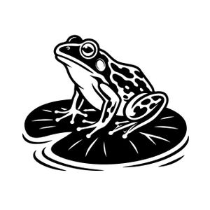 May include: A high-contrast black and white graphic illustration of a frog sitting on a lily pad. The frog is depicted in profile, featuring detailed spots on its back and legs, while the lily pad rests on stylised water ripples.