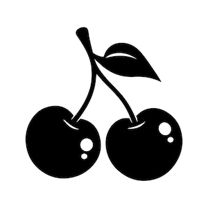 Peut inclure: Illustration en noir et blanc de deux cerises avec une tige et une feuille. Les cerises sont rondes avec un reflet blanc sur chacune. La tige et la feuille sont également noires.
