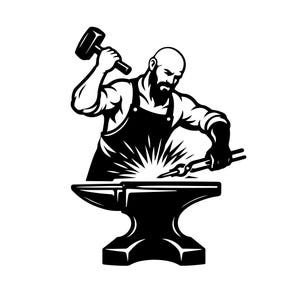 Puede incluir: Ilustración en blanco y negro de un herrero trabajando. El herrero, con un delantal, golpea metal sobre un yunque. Las chispas vuelan cuando el martillo golpea el metal, y el herrero usa tenazas.