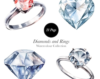 Watercolour Diamonds and Rings Clipart 21 Pngs, Diamond Clipart  ,Wedding Illustration, Wedding Ring clipart ,  Planners , Wedding Planner