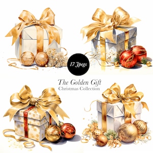 Christmas Golden Gift Clipart 17 Jpegs, Festive Gift ,Christmas Illustration, Christmas Box clipart ,Golden Gift  , Golden Christmas