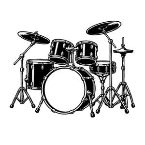 Può includere: Un'illustrazione grafica in bianco e nero di una batteria composta da una grancassa, un rullante, due tom sospesi, un timpano, un piatto crash su asta e un set di piatti hi-hat con base a treppiede, il tutto in uno stile a linee nette.