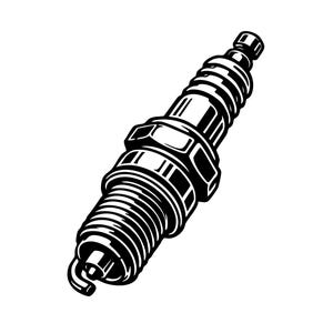 May include: Black and white illustration of a spark plug. The spark plug has a threaded base, a hexagonal nut, and a central electrode with a curved tip. The design is detailed, with clear lines and shading.