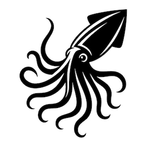 May include: A monochrome illustration of a squid. The image shows a stylized squid design with a streamlined body, a large eye, and numerous curved tentacles. The tentacles are detailed.