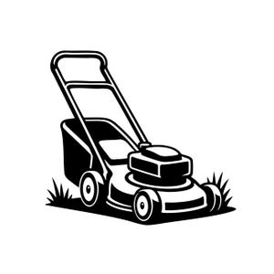 Op de afbeelding: Zwart-wit illustratie van een grasmaaier. De afbeelding toont een grasmaaier met een handvat, opvangzak en wielen. De maaier wordt afgebeeld op gras, geschikt voor tuinonderhoud en landschapsarchitectuur.