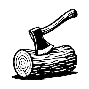 May include: Black and white illustration of an axe embedded in a log. The axe has a curved handle and a sharp blade. The log is cylindrical with visible growth rings on the end.