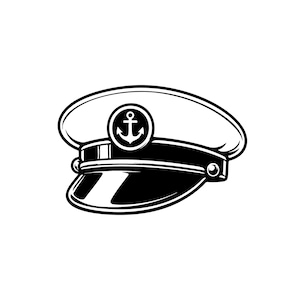 Könnte beinhalten: Eine schwarz-weiße grafische Illustration einer Kapitänsmütze. Die Mütze zeigt ein markantes kreisförmiges Emblem auf dem vorderen Band mit einem zentrierten Ankersymbol. Das Design umfasst einen breiten Schirm und eine strukturierte Krone.