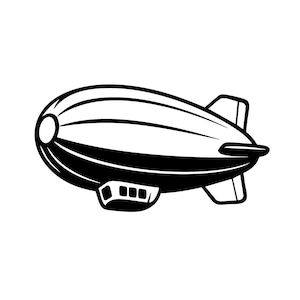 May include: A monochrome illustration of a zeppelin airship. The airship features a rounded body with horizontal stripes, a small windowed compartment, and tail fins. The design is clean and graphic.