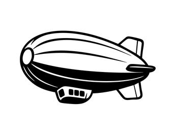 Può includere: Illustrazione in bianco e nero di un dirigibile. L'aeromobile ha un corpo arrotondato con strisce orizzontali, un piccolo scomparto finestrato e alette di coda. Il design è semplice e grafico.