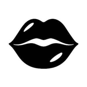 以下が含まれることがあります： 光沢のある唇の白黒グラフィック。唇はふっくらとしており、白いハイライトで形が定義されています。デザインはシンプルで大胆で、さまざまな用途に適しています。