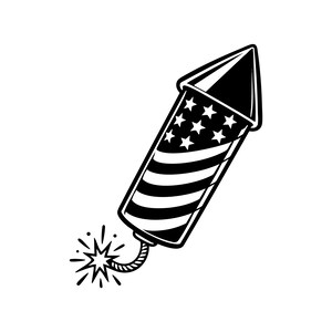May include: A black and white graphic illustration of a firework rocket. The cylindrical body features a pattern of stars on the upper section and diagonal stripes on the lower section. A lit fuse with a star-shaped spark extends from the base.