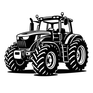 May include: Black and white illustration of a tractor. The tractor has large, rugged tires and a detailed design, including headlights, a cab, and exhaust pipe. The image is a graphic representation of a farm vehicle.