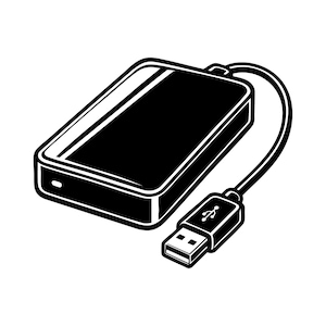 May include: Black and white illustration of an external hard drive with a USB cable and connector. The hard drive is rectangular with rounded corners. The USB connector has a USB symbol.