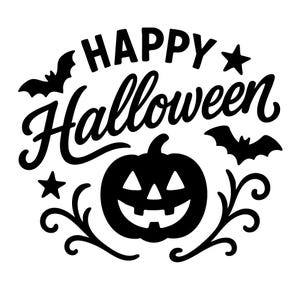 Könnte beinhalten: Schwarz-weißes Halloween-Design mit den Worten "HAPPY Halloween" in dekorativer Schrift. Das Design zeigt einen lächelnden Kürbis, Fledermäuse, Sterne und dekorative Schnörkel, ideal für saisonale Dekorationen.