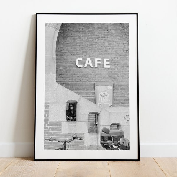 Woman Outside of Cafe, Amsterdam, Digital Print, Wall Art Decor, Poster, Black & White Street Photography, Ready-made to print for any ratio