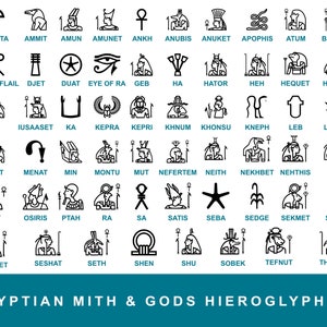 Egyptian Hieroglyphics and Gods Digital symbols swg Signs eps bundle 58 drawings in 3 formats png swg eps