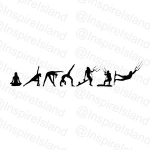 May include: Silhouettes of people in various yoga poses and a person kitesurfing. The image is in black and white.