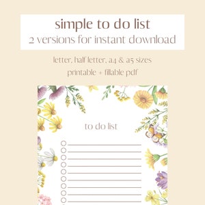 Wildflower Collection To-Do List Printable | Fillable PDF Templace Productivity Planner with Botanical Design (Letter, Half, A4, A5)