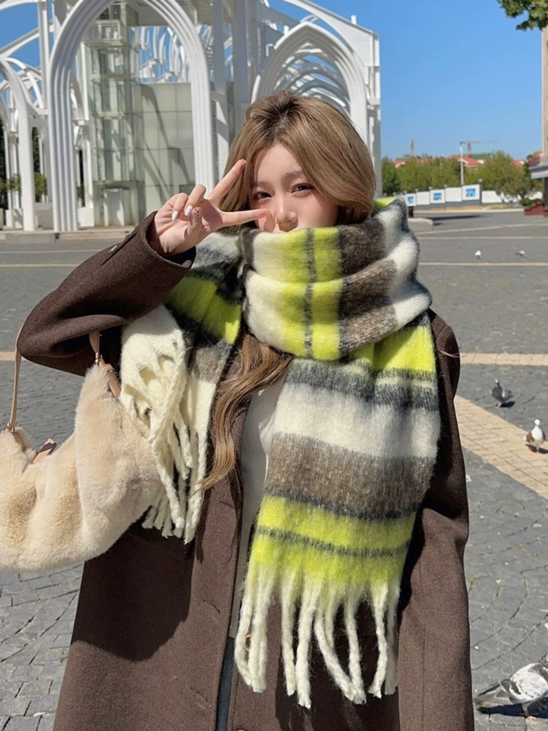 Plaid Pattern Mohair-feel Scarf main image 1