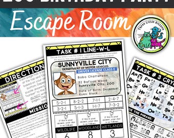 Fiesta de cumpleaños en la sala de escape del zoológico, juego imprimible para fiestas, juego imprimible para interiores, sala de escape imprimible para niños, juegos familiares para fiestas de cumpleaños