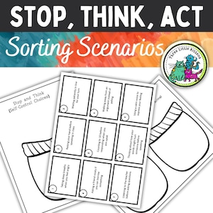 May include: Educational sorting scenarios with the text "STOP, THINK, ACT" and "Sorting Scenarios." The cards feature self-control choices, including taking deep breaths, raising a hand, and counting to ten. A logo for "Three Little Kittens" is also visible.