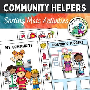 May include: A set of printable sorting mats for preschoolers featuring community helpers. The mats include images of a doctor, a firefighter, a police officer, a construction worker, and a grocery store worker. The mats are designed to help children learn about different community helpers and their roles.