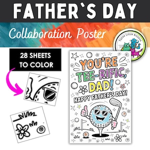 Könnte beinhalten: Ein Ausmalposter zum Vatertag mit dem Text "YOU'RE TEE-RIFIC, DAD!" und "HAPPY FATHER'S DAY!". Das Design zeigt eine Golfball-Figur mit Sonnenbrille und Golfschläger. Enthält 28 Blätter zum Ausmalen.