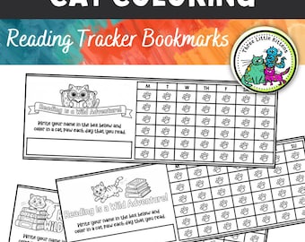 May include: Black and white cat-themed reading tracker bookmarks. The bookmarks feature illustrations of cats, paw prints, and the text "Reading is a Wild Adventure!" and "Three Little Kittens". The bookmarks are designed for coloring.