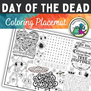Página para colorear para niños, Día de los Muertos, Hoja de actividades festivas, Actividades de fiesta, Manteles individuales de actividades para niños, Hojas para colorear imprimibles