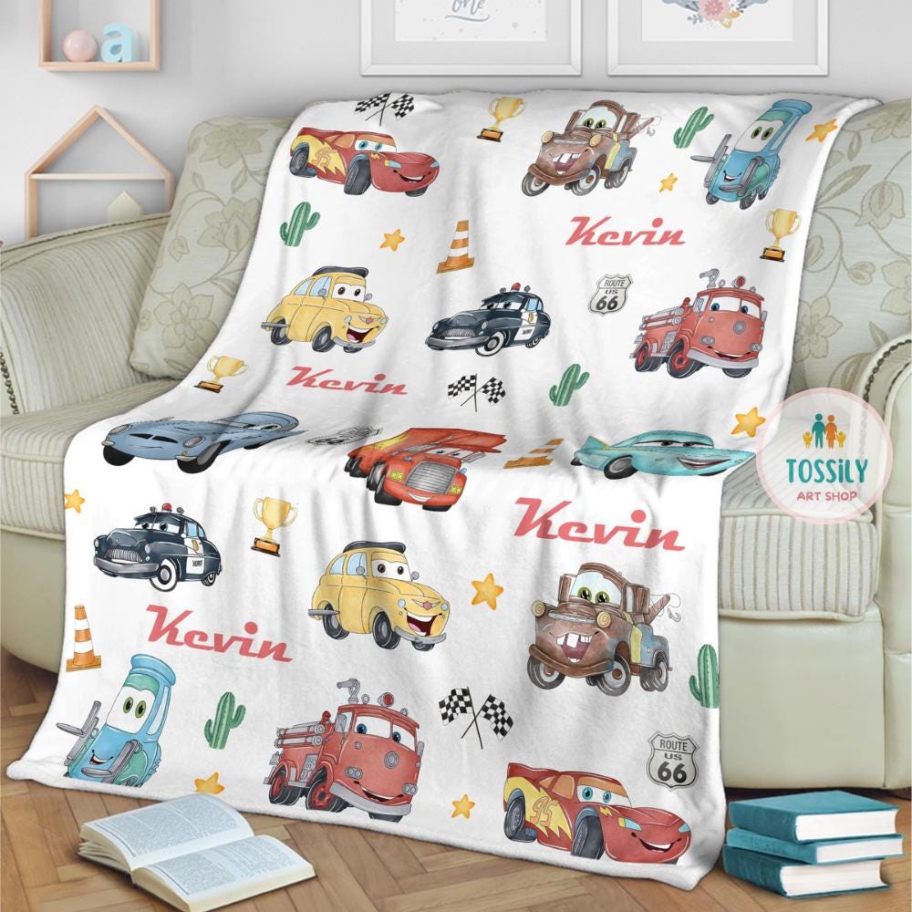 Personalized Route 66 Cars Blanket, Custom Name Disney Blanket, Kids Blanket, Lightning Mcqueen Blanket Nursery Decor Mcqueen Disney Blanket Teeshirtsummer