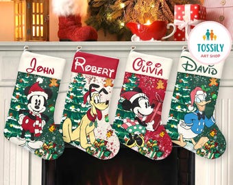 Medias navideñas retro de Disney personalizadas, medias personalizadas con nombre, calcetines navideños con personajes para decoración del hogar, calcetines navideños de Mickey