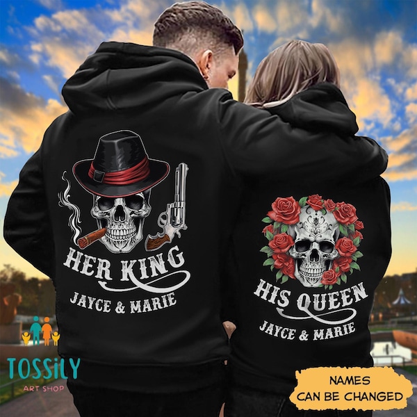 Her King His Queen Skull Skeleton Couple Hoodie, Couple Outfits Matching Shirt, Unisex Couple Hoodie, Valentine's Day Gifts