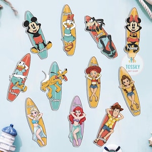 May include: A collection of colorful surfboard-shaped stickers featuring various Disney characters, including Mickey Mouse, Minnie Mouse, Donald Duck, and others. Each sticker has a character lying on a surfboard with the word "NAME" on it. The stickers are set against a light blue background.