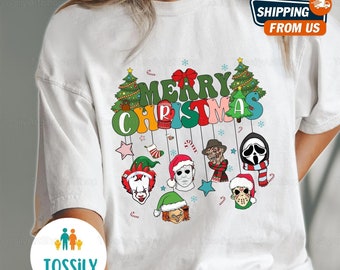 Camisa de terror navideña, sudadera navideña de película de miedo, sudadera con capucha navideña de dibujos animados divertidos, camiseta feliz Navidad, regalo para mujeres