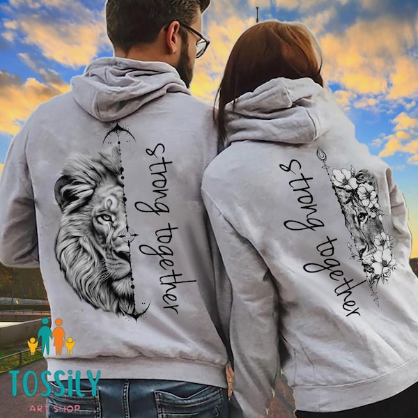 Strong Together Lion Flower Couple Hoodie, Lion Couple Hoodie, Matching Unisex Couple Hoodies, His And Her Hoodie, Valentine's Day Gift