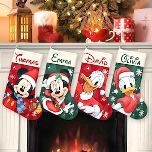 Custom  Christmas Stocking, Personalized Name Stockings, Mickey Minnie Donald Daisy Goofy, Plaid Mantel Decor, Fireplace Gift Stocking