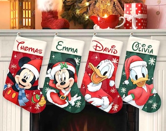 Custom  Christmas Stocking, Personalized Name Stockings, Mickey Minnie Donald Daisy Goofy, Plaid Mantel Decor, Fireplace Gift Stocking