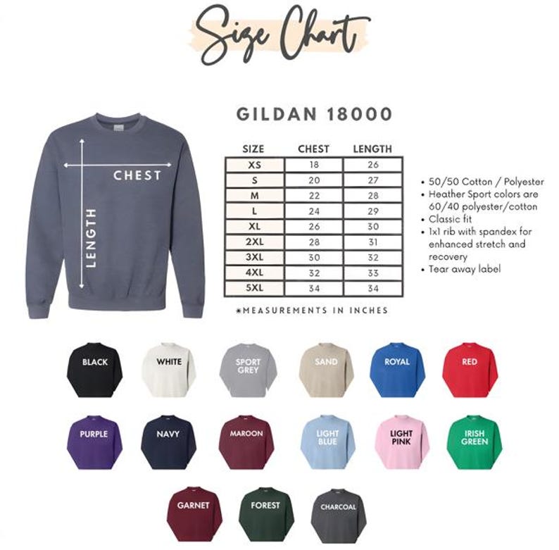 May include: A size chart for Gildan 18000 sweatshirts, with chest and length measurements in inches. The chart includes sizes XS to 5XL. The image also displays a blue sweatshirt and a color palette of available sweatshirt colours.