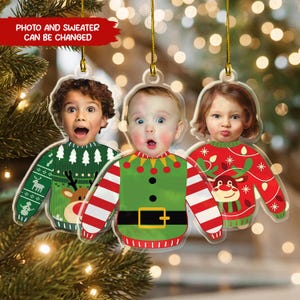 Custom Kid's Face Christmas Ornament 2024 Gift For Grandparents, Custom Photo Funny Kid In Xmas Ugly Sweater, Personalized Acrylic Ornament