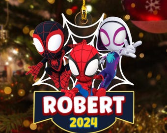Personalized Spidey And His Amazing Friends Christmas Lights Ornament, Custom Spidey Trip Christmas Ornament, Spidey Spin Ghost Spider Decor