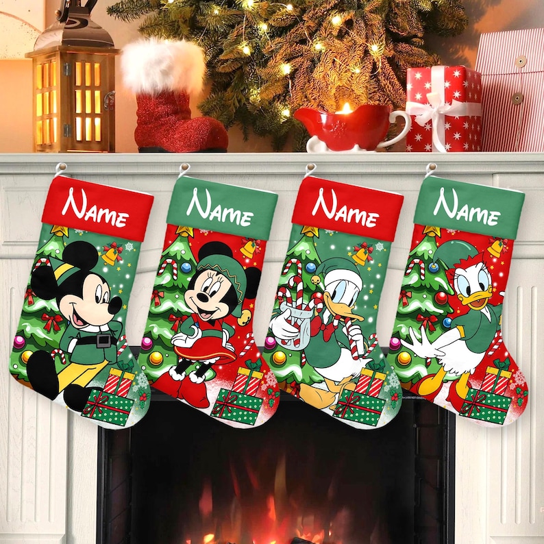 May include: Four Christmas stockings with Disney characters Mickey Mouse, Minnie Mouse, and Donald Duck. Each stocking is red and green with the word "Name" at the top. The stockings are decorated with Christmas trees, gifts, and candy canes.