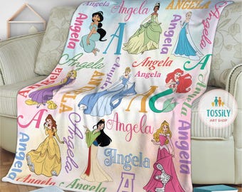 Personalized Watercolor Disney Princess Blanket, Custom Name Baby Girl Blanket, Disney Princess Birthday Girl Gift, WDW Princess
