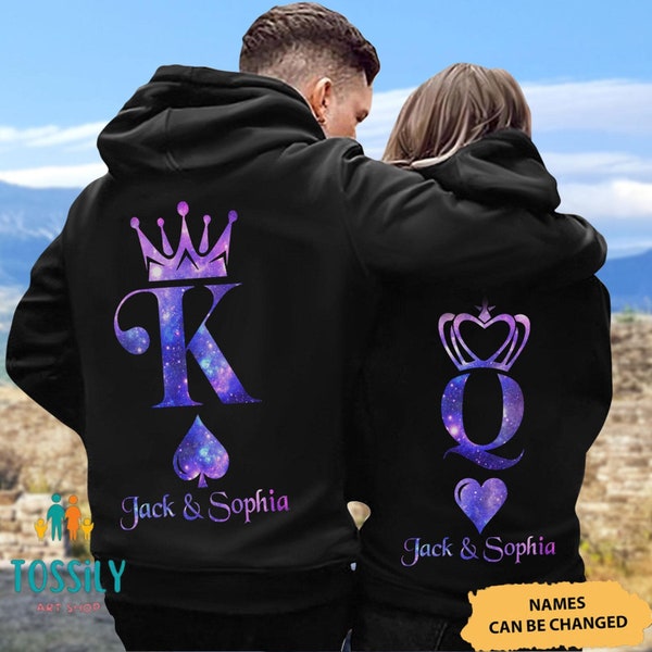 King Queen Card Custom Name Couple Matching Hoodie, King And Queen Couple Hoodies, Valentine Shirts, Honeymoon Shirt, Valentine Gift