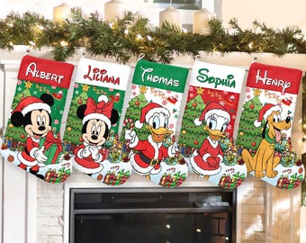 Mickey And Friends Xmas Stocking, Holiday Stocking, Characters Christmas Socks Personalized Family Christmas Stockings Custom Name Stockings