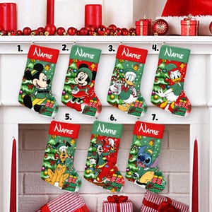 May include: Seven Christmas stockings with cartoon characters, including Mickey Mouse, Minnie Mouse, Donald Duck, and Stitch. Each stocking has a green body with a Christmas tree design and a red cuff. The word "Name" is printed on the cuff.