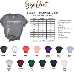 May include: A size chart for a unisex jersey tee shirt, with measurements in inches. The chart includes chest and length measurements for sizes XS to 5XL. Various shirt colours are displayed, including black, white, red, pink, and navy.