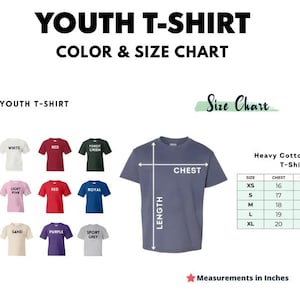 May include: A youth t-shirt colour and size chart. The chart shows various t-shirt colours, including black, white, red, and blue. Measurements are in inches, with chest and length dimensions provided for each size, from XS to XL.